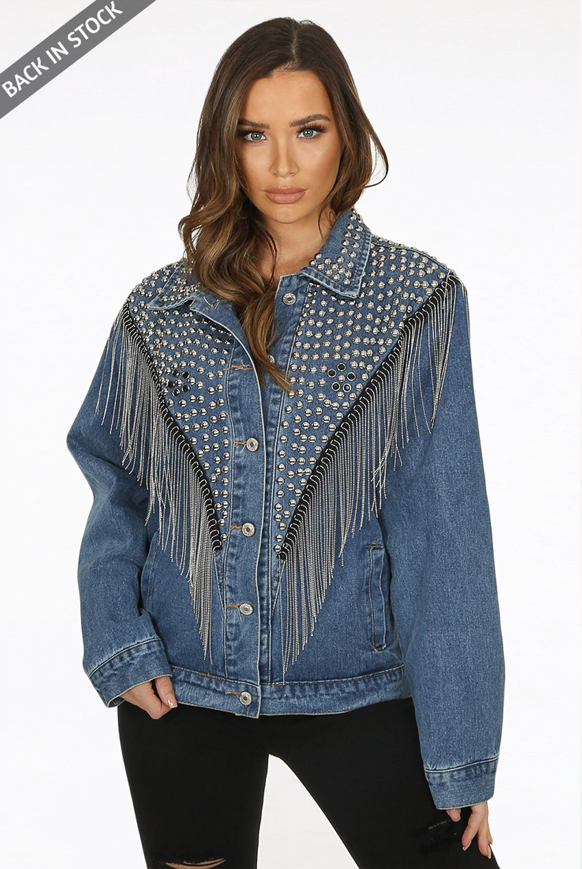 Studded Fringe Trim Denim Jacket - Buy 