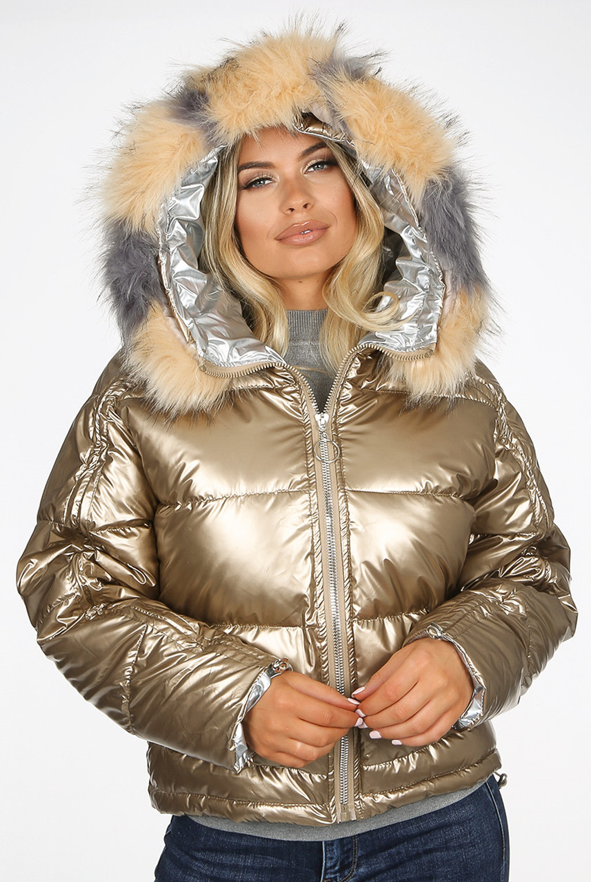 shiny puffer jacket fur hood