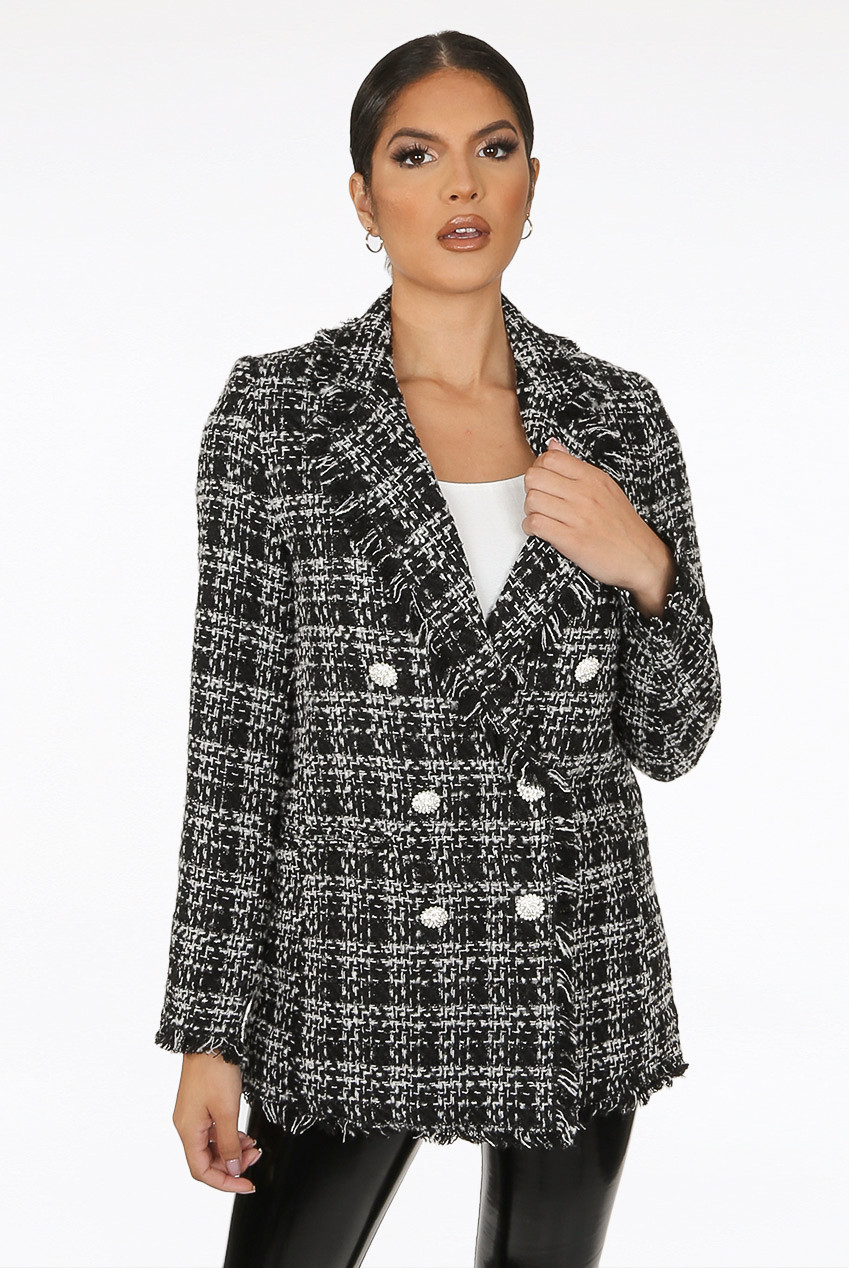 black boucle fringe trim jacket