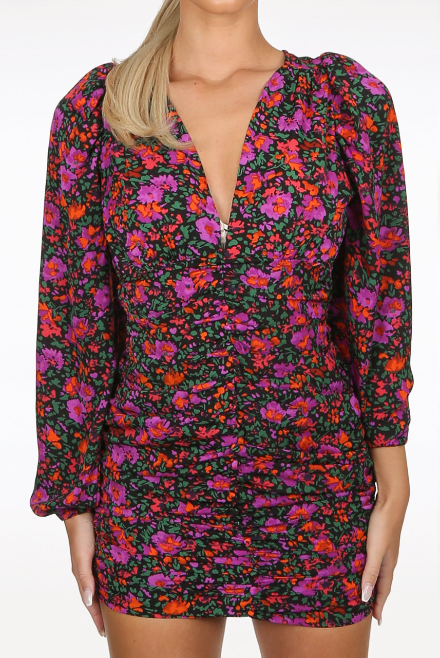 Ruched Button Trim V Neck Floral Dress - Buy Fashion Wholesale in The UK