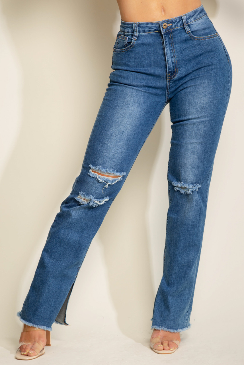 Slit Ankles Ripped Trim Denim Jeans - Buy Fashion Wholesale in The UK