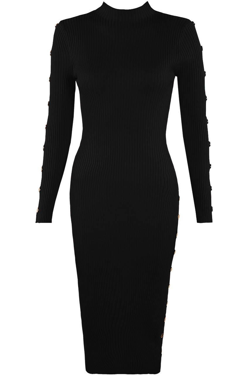 High Neck Ribbed Knit Midi Dress With Button Detail - Buy Fashion ...