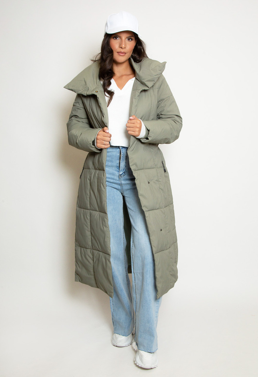 puffer coat with tie waist