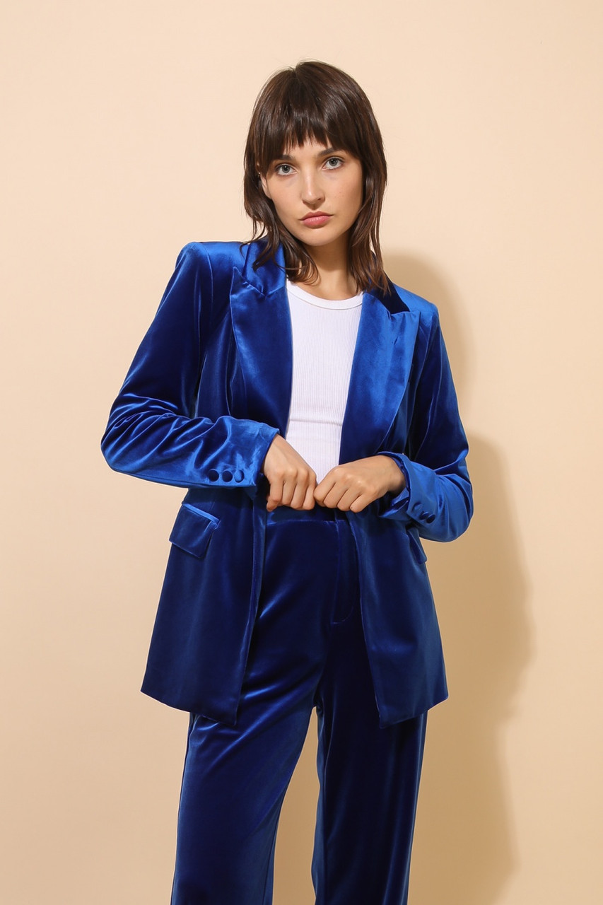 Solid Color Velvet Long-sleeve Blazer and Elastic Waist Pocket Pants Set