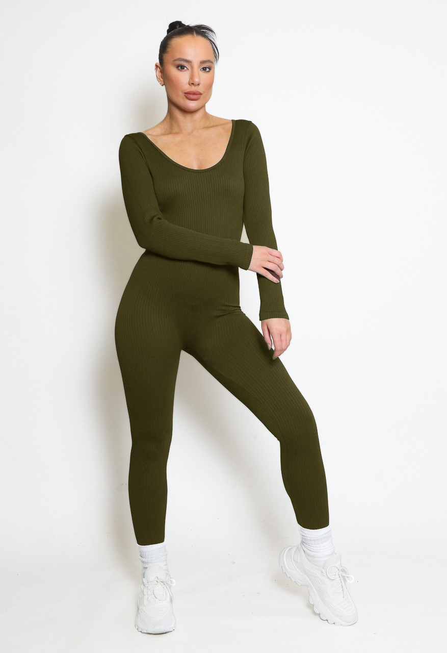 Black Zip Up Long Sleeve Ribbed Unitard - Lily
