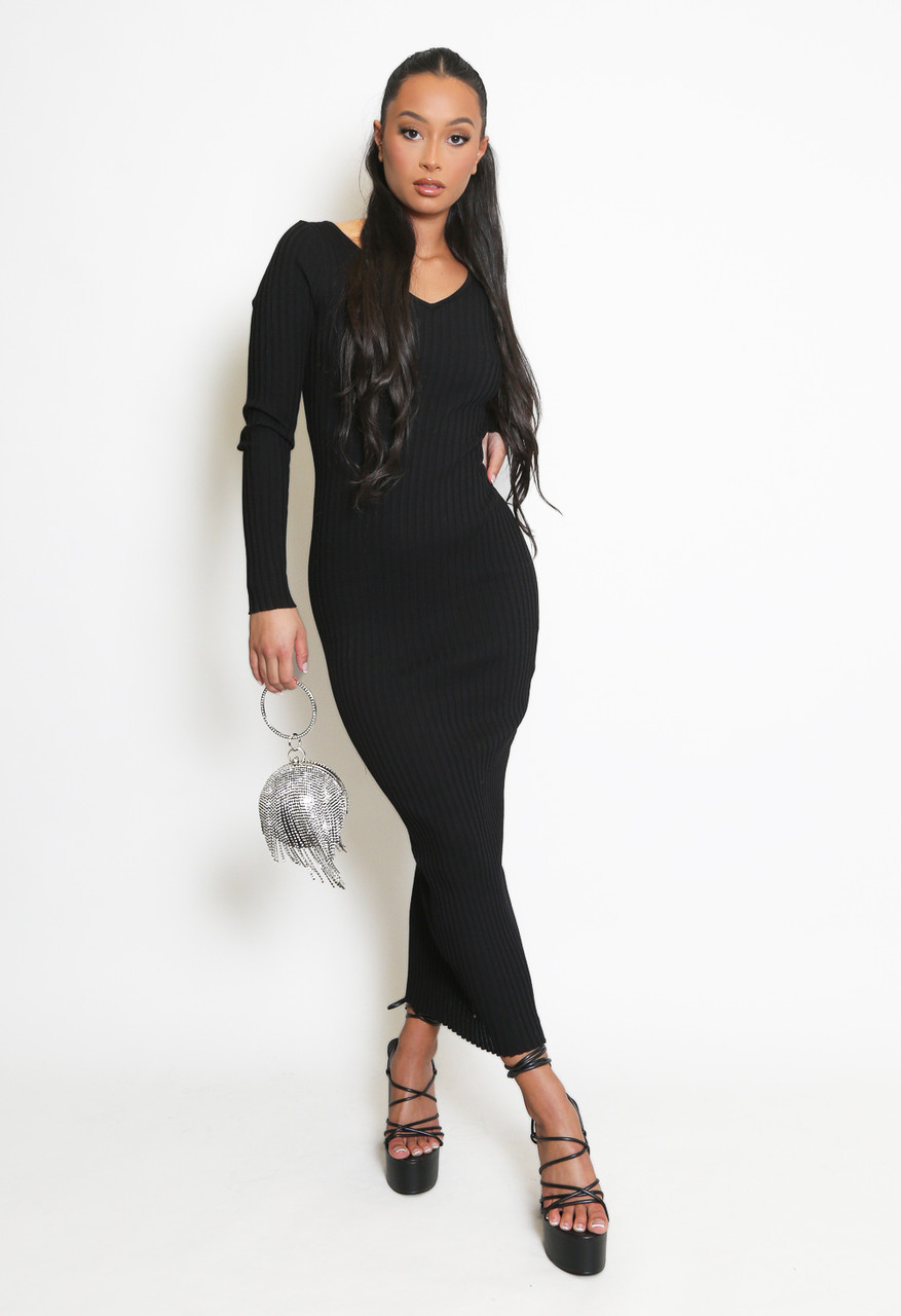 Ribbed High Neck Knit Midi Dress main image 1