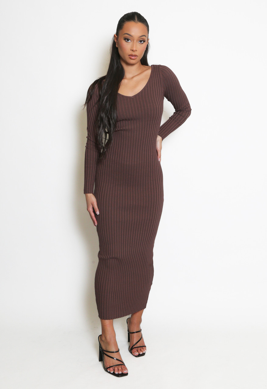 V Neck Long Sleeve Bodycon Ribbed Knitted Dress Autumn Winter Button Elegant Casual Midi Dress