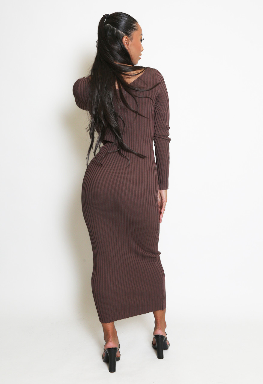 Women Beige Rib Tape Detail V-Neck Midi Dress main image 0