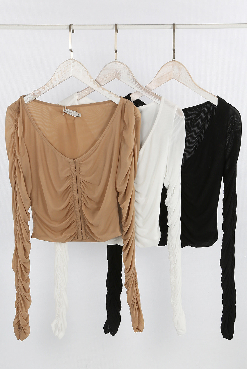 Long sleeve mesh patchwork ruched crop top