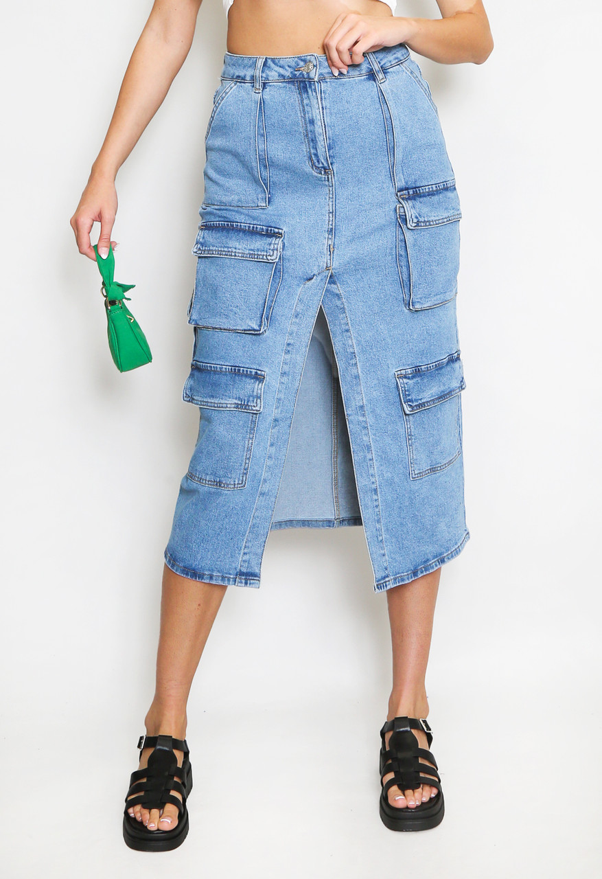 Sydney Denim Cargo Midi Skirt - Blue
