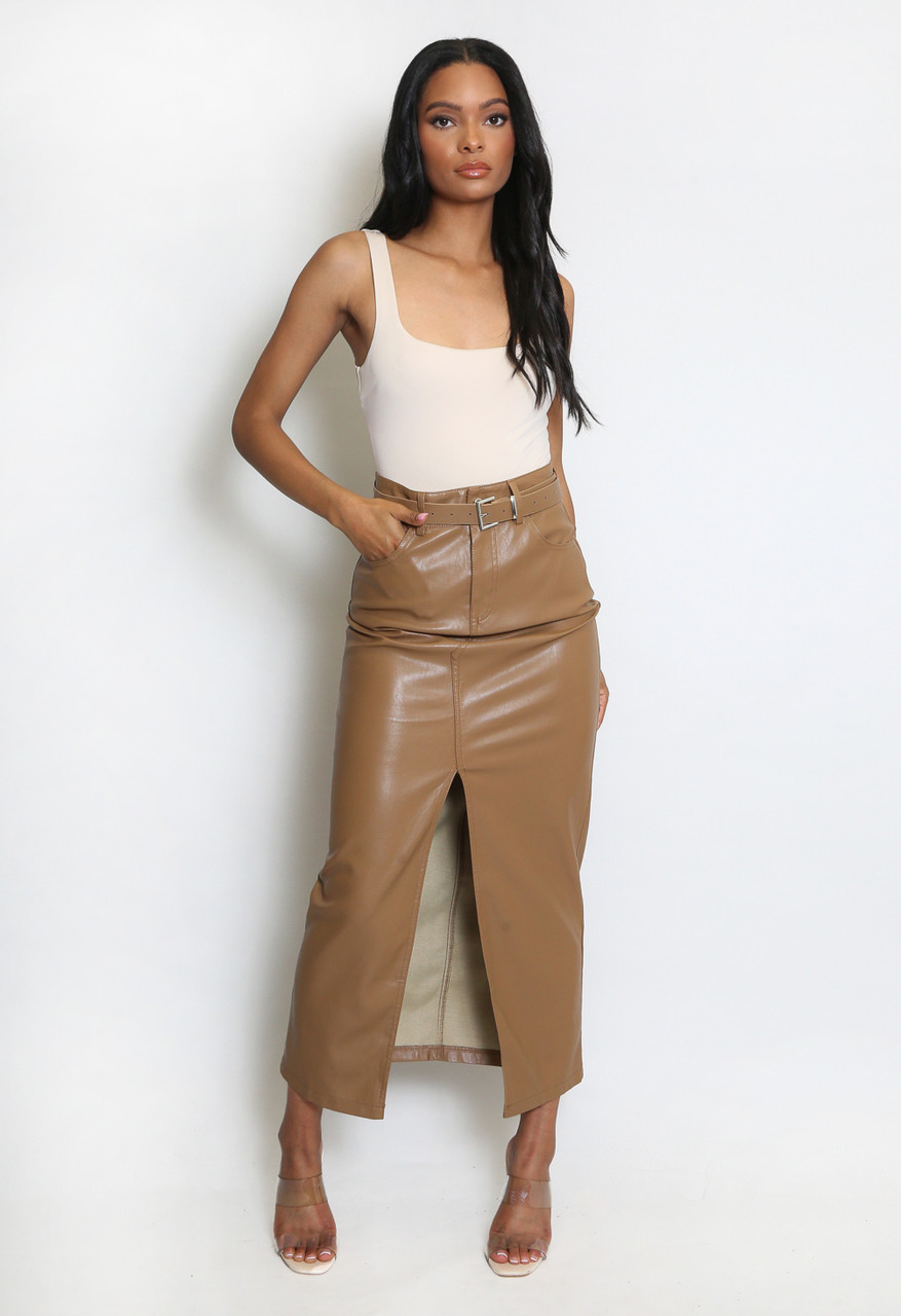 PU Slit Midi Dress