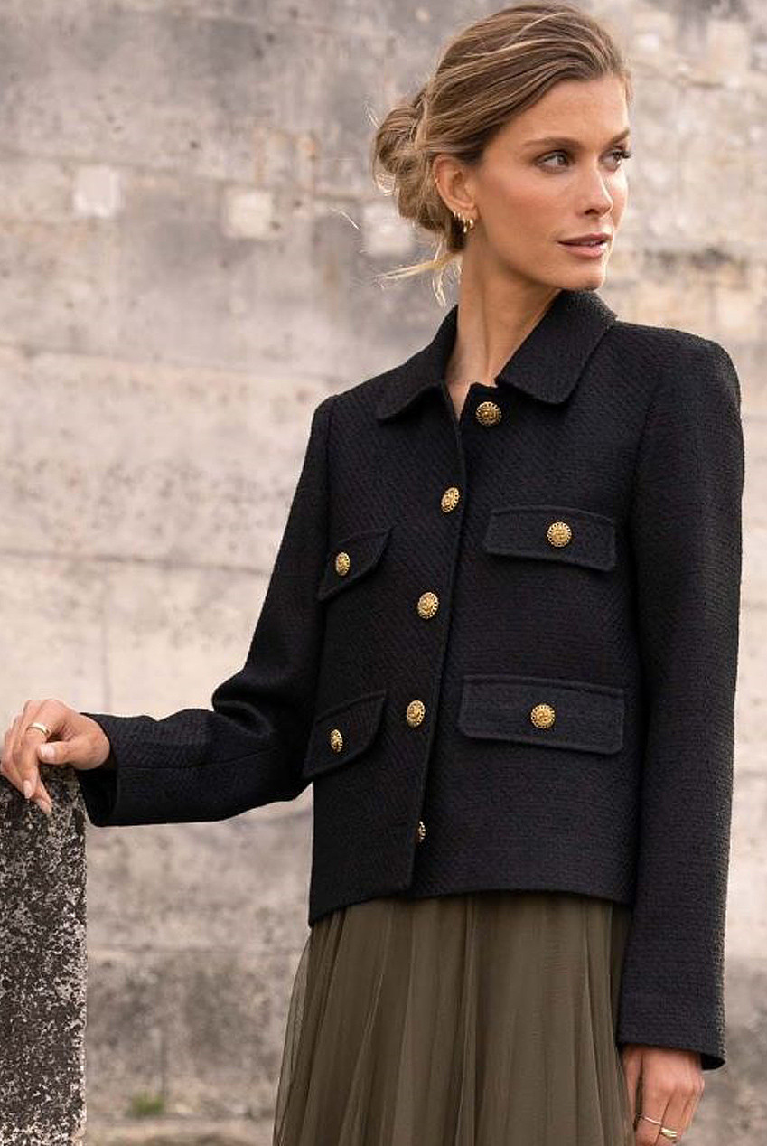 White Tweed Cropped Blazer With Golden Buttons