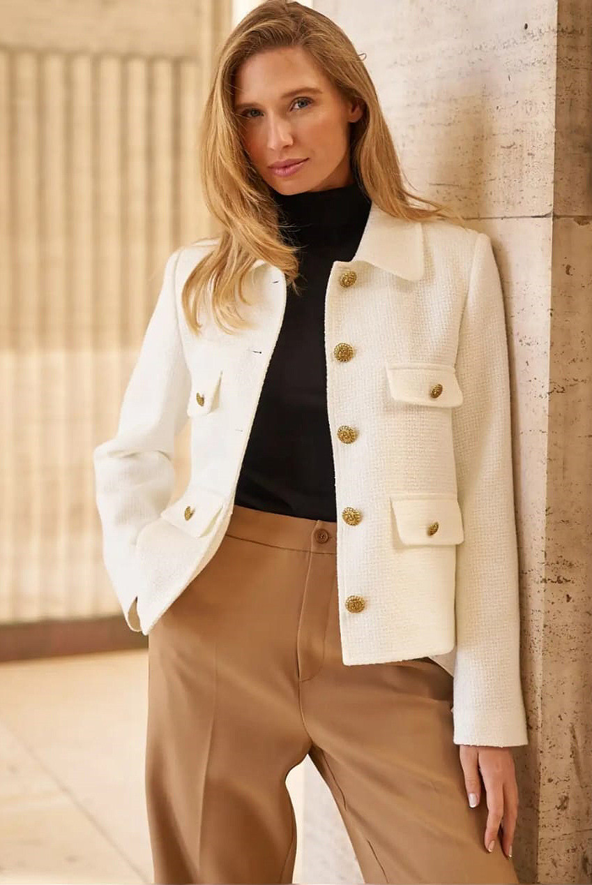 Cropped Blazer with Round Neckline and Gold Button Details - Gray