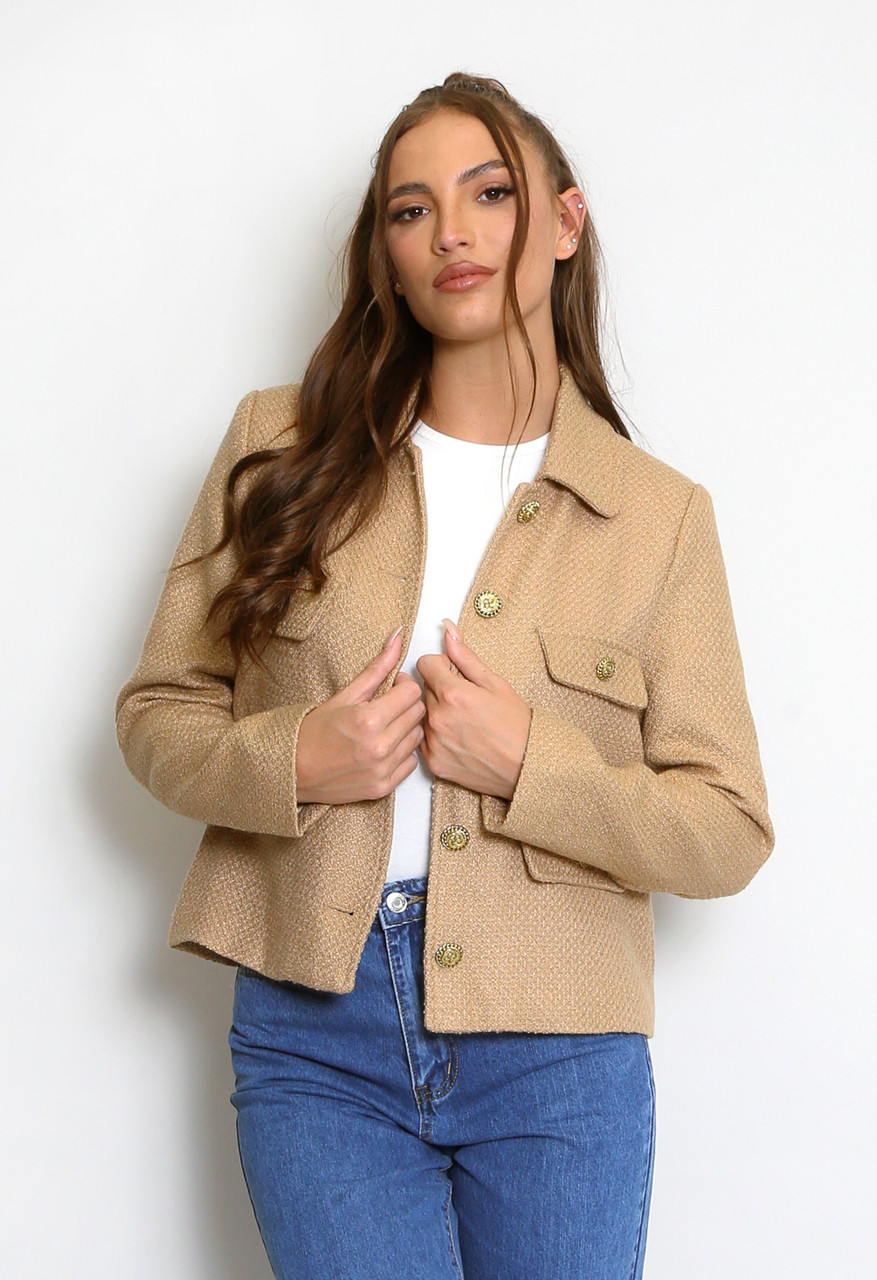 Cropped Blazer with Round Neckline and Gold Button Details - Gray main image 1