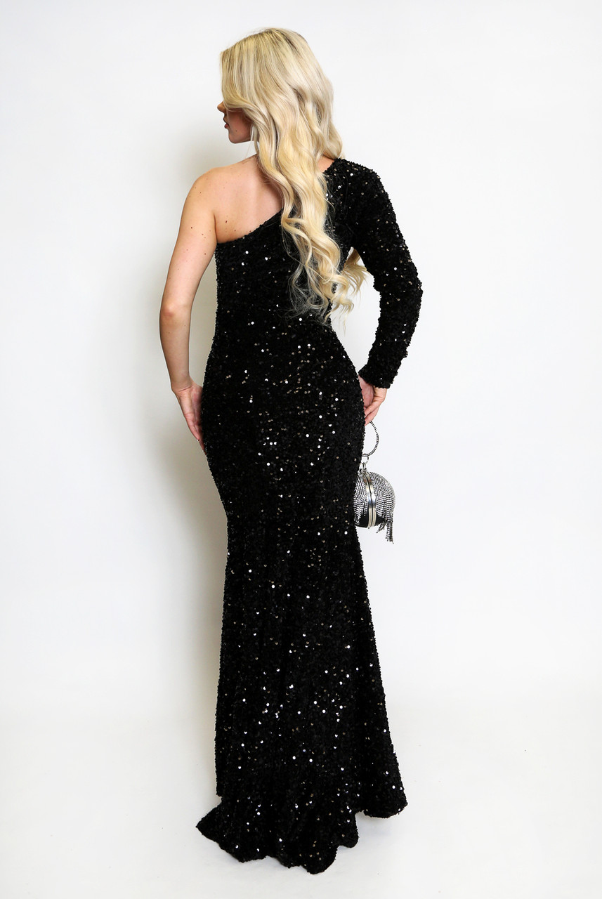 One-Shoulder Maxi Dress with Sequin Split - Summer Elegance