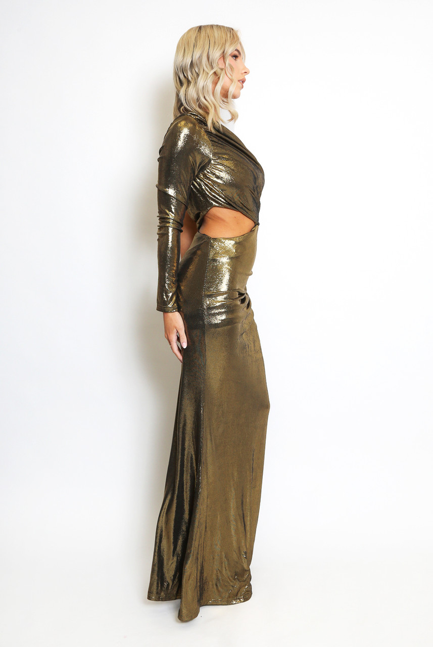 One Shoulder Gold foil Cutout Maxi Dress