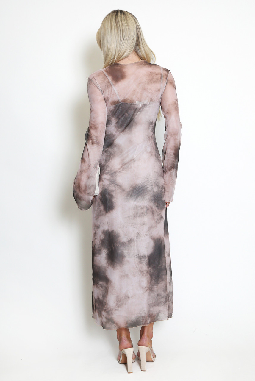 Textured tie dye slit hoodie sleeveless contrast maxi dress
