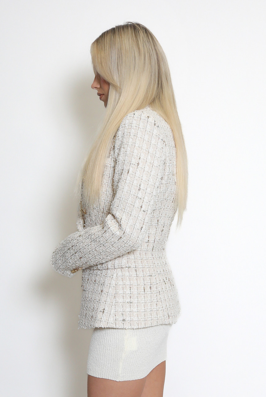 Women Black & Beige Check Double Breasted Blazer