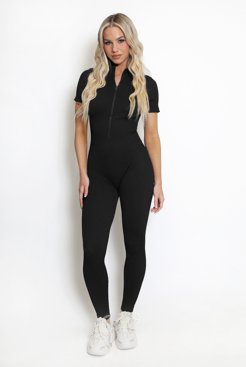 Black Zip Up Long Sleeve Ribbed Unitard - Lily main image 0
