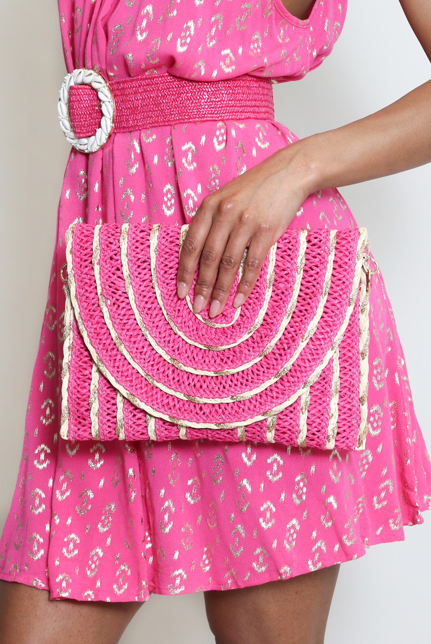 Woven Metallic Stripe Pleated Clutch Bag with Chain Strap