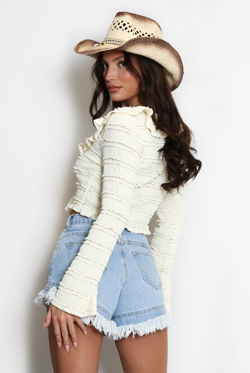 Lace Textured Tie Front Ruffle Top- Buy Fashion Wholesale in The UK