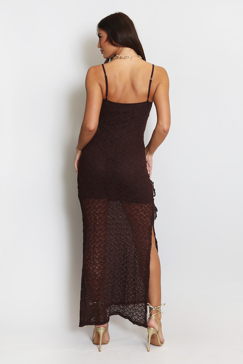 Lace peplum + fringe detail maxi dress