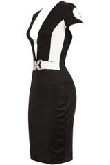 Black & Cream Front Front Plunging V Neckline Stretch Fit Dress