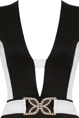 Black & Cream Front Front Plunging V Neckline Stretch Fit Dress