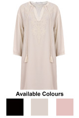 Embroidered 3/4 Sleeve Tie Up Shift Dress - 3 Colours