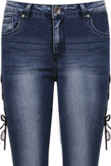 Blue Denim Side Lace Tie Up Fitted Jeans