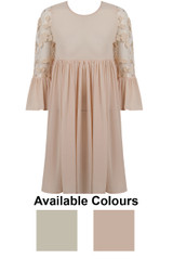 Pleated Floral Net Bell Sleeve Flared Dress - 2 Colours