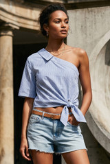 Stripe One Shoulder Knot Front Tops - 2 Colours