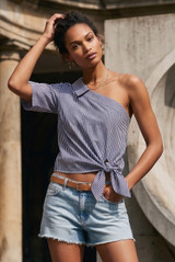 Stripe One Shoulder Knot Front Tops - 2 Colours