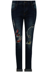 Blue Denim Floral Ripped Skinny Jeans