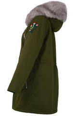 Khaki Fleece Lined Bird Embellished Parka - 3 Colours