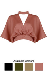 Satin Pleated Choker Neck Crop Tops - 4 Colours