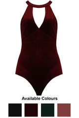 Velvet Front Cut Out Bodysuit  -  4 Colours