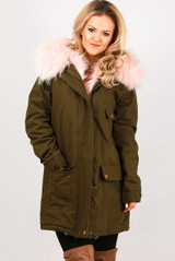 Khaki With Pink Fur Hood Fleece Lined Parka Coats