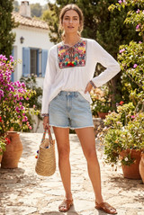 White Embroidery Front Tie Up Tops