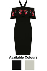 Floral Embroidery Bardot Frill Midi Dress - 2 Colours