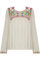 Contrast Embroidery Pleated Tops - 2 Colours
