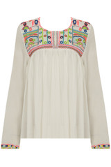 Contrast Embroidery Pleated Tops - 2 Colours