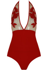 Embroidery Netted Halter Neck Bodysuit - 3 Colours