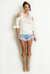 Floral Embroidery Cold Shoulder Tops - 3 Colours