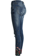 Embroidered Denim Jeans with Ripped Knees