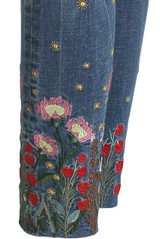 Embroidered Denim Jeans with Ripped Knees