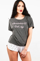Exclusive Cat Slogan T-Shirt & Shorts Pyjama Set Grey