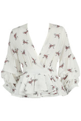 Crane Printed Crossover Peplum Tops - 2 Colours