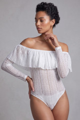 Lace Mesh Trim Frilled Bodysuit - 3 Colours