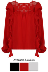 Frill Trim Blouse with Crochet Shoulders - 3 Colours